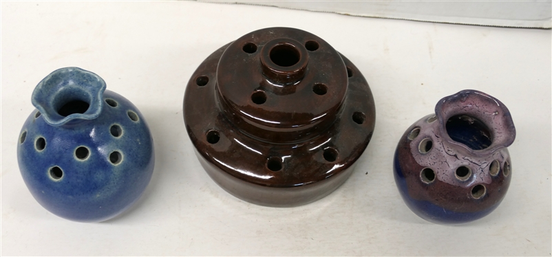 3 North Carolina Pottery Flower Frog Vases - Blue 5 By John Sarrow - Old Fort, NC, Blue and Purple 4 by Derrick Sarrow - Old Fort, NC April 2000, and Brown 5 Tall Teagues Pottery by F. Craven -...