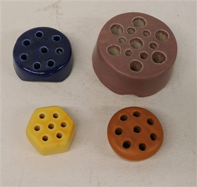 4 Pottery Flower Frogs - Blue Weller 3, Pink Rookwood 4, and Unsigned Yellow and Orange