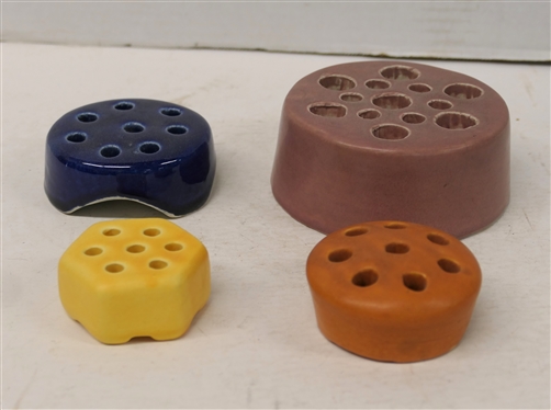 4 Pottery Flower Frogs - Blue Weller 3, Pink Rookwood 4, and Unsigned Yellow and Orange