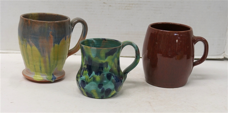 3 North Carolina Pottery Mugs - 4 Blue and Green - Cole Pottery Sanford, NC - 1977, 5 With Pink, Blue, and Yellow Glaze (Small Flake on Bottom Edge), and 5 With Deep Red Glaze