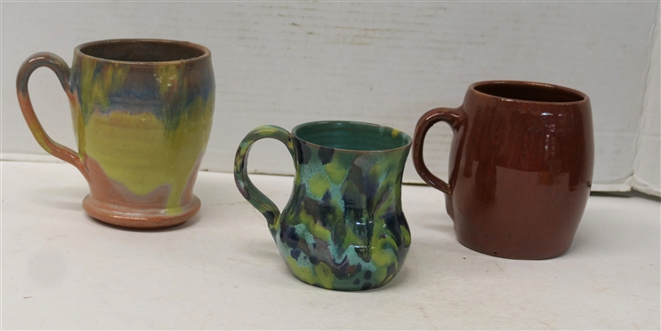 3 North Carolina Pottery Mugs - 4 Blue and Green - Cole Pottery Sanford, NC - 1977, 5 With Pink, Blue, and Yellow Glaze (Small Flake on Bottom Edge), and 5 With Deep Red Glaze