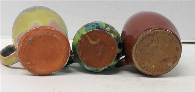 3 North Carolina Pottery Mugs - 4 Blue and Green - Cole Pottery Sanford, NC - 1977, 5 With Pink, Blue, and Yellow Glaze (Small Flake on Bottom Edge), and 5 With Deep Red Glaze