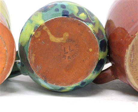 3 North Carolina Pottery Mugs - 4 Blue and Green - Cole Pottery Sanford, NC - 1977, 5 With Pink, Blue, and Yellow Glaze (Small Flake on Bottom Edge), and 5 With Deep Red Glaze