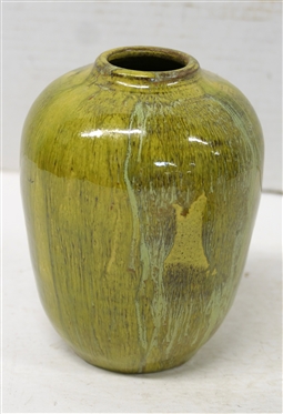 Teagues Pottery F. Craven Lead Glaze North Carolina Pottery Vase - Yellow Variegated Glaze - Vase is 6 Tall 