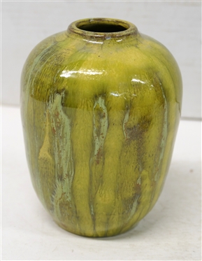 Teagues Pottery F. Craven Lead Glaze North Carolina Pottery Vase - Yellow Variegated Glaze - Vase is 6 Tall 