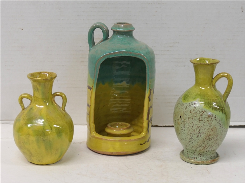 3 Pieces of Unsigned Seagrove North Carolina Pottery - Candle Lantern Jug with Turquoise and Yellow Glaze 8" Tall, Yellow Double Handled 5 1/4" Vase (Cracked At Top Rim), and Yellow and Turquoise...