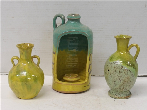 3 Pieces of Unsigned Seagrove North Carolina Pottery - Candle Lantern Jug with Turquoise and Yellow Glaze 8 Tall, Yellow Double Handled 5 1/4 Vase (Cracked At Top Rim), and Yellow and Turquoise...