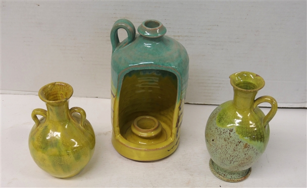 3 Pieces of Unsigned Seagrove North Carolina Pottery - Candle Lantern Jug with Turquoise and Yellow Glaze 8 Tall, Yellow Double Handled 5 1/4 Vase (Cracked At Top Rim), and Yellow and Turquoise...
