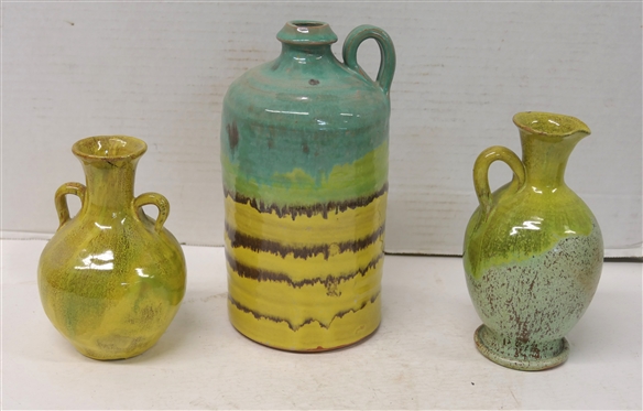 3 Pieces of Unsigned Seagrove North Carolina Pottery - Candle Lantern Jug with Turquoise and Yellow Glaze 8 Tall, Yellow Double Handled 5 1/4 Vase (Cracked At Top Rim), and Yellow and Turquoise...