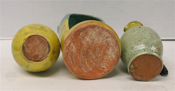 3 Pieces of Unsigned Seagrove North Carolina Pottery - Candle Lantern Jug with Turquoise and Yellow Glaze 8 Tall, Yellow Double Handled 5 1/4 Vase (Cracked At Top Rim), and Yellow and Turquoise...