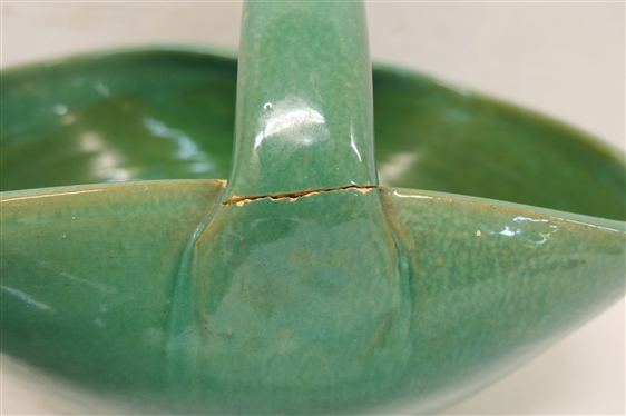3 Pieces of Art Pottery -9 Pitcher with Applied Grapes by Bobby Ferguson - Gillsville, GA, Teagues Pottery Tea Pot - Broken Handle, and Large Green Glazed Basket with Broken Handle 