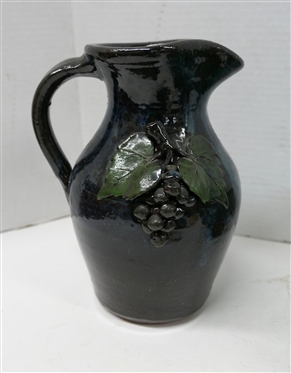 3 Pieces of Art Pottery -9 Pitcher with Applied Grapes by Bobby Ferguson - Gillsville, GA, Teagues Pottery Tea Pot - Broken Handle, and Large Green Glazed Basket with Broken Handle 