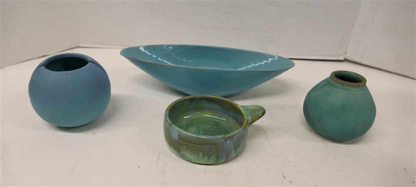4 Pieces of Turquoise / Blue / Green Pottery - Shearwater (Ocean Springs, MS) Porridge Bowl, M. Perez Turquoise 3 1/2 Vase, Vohann Hoodwink USA - California Pottery Ashtray, and Unsigned North...