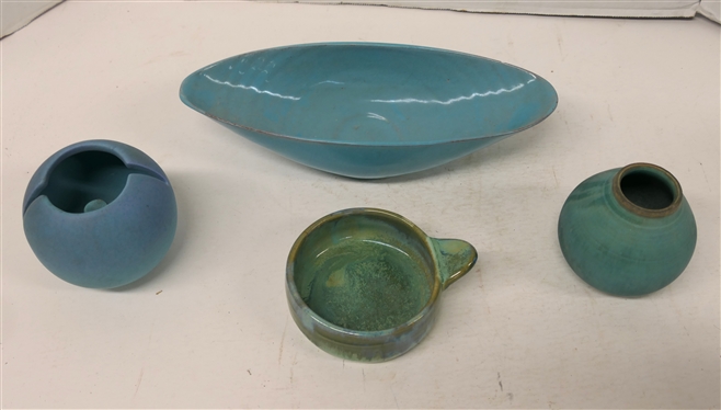 4 Pieces of Turquoise / Blue / Green Pottery - Shearwater (Ocean Springs, MS) Porridge Bowl, M. Perez Turquoise 3 1/2 Vase, Vohann Hoodwink USA - California Pottery Ashtray, and Unsigned North...