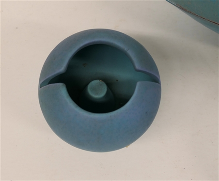 4 Pieces of Turquoise / Blue / Green Pottery - Shearwater (Ocean Springs, MS) Porridge Bowl, M. Perez Turquoise 3 1/2 Vase, Vohann Hoodwink USA - California Pottery Ashtray, and Unsigned North...