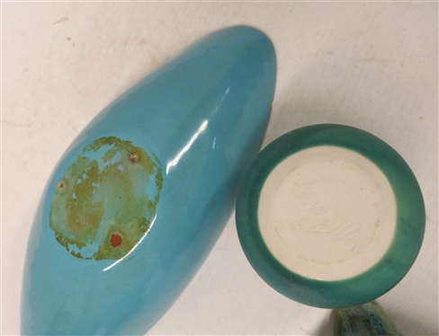 4 Pieces of Turquoise / Blue / Green Pottery - Shearwater (Ocean Springs, MS) Porridge Bowl, M. Perez Turquoise 3 1/2 Vase, Vohann Hoodwink USA - California Pottery Ashtray, and Unsigned North...