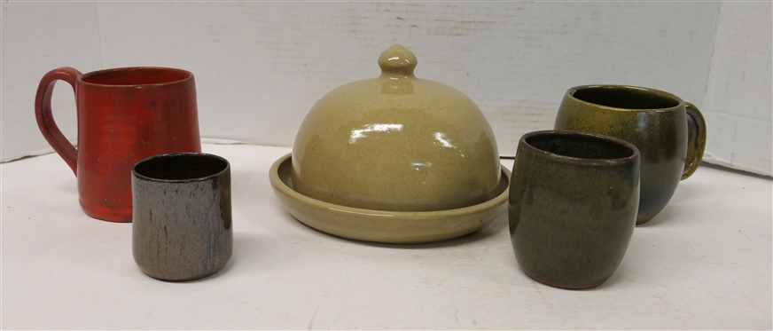 5 Pieces of North Carolina Art Pottery - Westmoore Pottery Cheese / Butter Dome, Cole Pottery 3 1/2 Shot Glass, Jugtown 3 1/2 Tumbler - Some Flakes Around Top Edge, A.R. Cole Red Mug, and Jugtown...