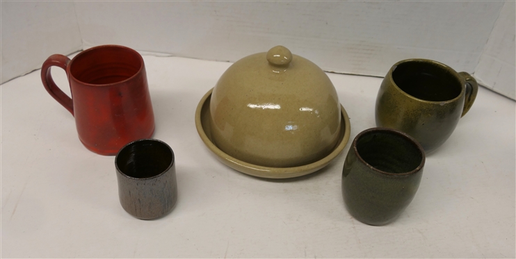 5 Pieces of North Carolina Art Pottery - Westmoore Pottery Cheese / Butter Dome, Cole Pottery 3 1/2 Shot Glass, Jugtown 3 1/2 Tumbler - Some Flakes Around Top Edge, A.R. Cole Red Mug, and Jugtown...