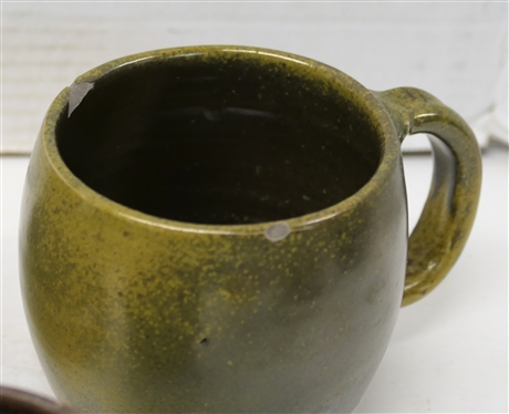 5 Pieces of North Carolina Art Pottery - Westmoore Pottery Cheese / Butter Dome, Cole Pottery 3 1/2 Shot Glass, Jugtown 3 1/2 Tumbler - Some Flakes Around Top Edge, A.R. Cole Red Mug, and Jugtown...