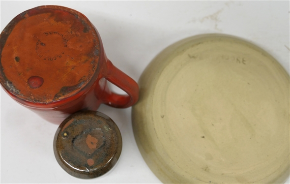 5 Pieces of North Carolina Art Pottery - Westmoore Pottery Cheese / Butter Dome, Cole Pottery 3 1/2 Shot Glass, Jugtown 3 1/2 Tumbler - Some Flakes Around Top Edge, A.R. Cole Red Mug, and Jugtown...