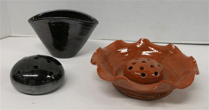 3 Pieces of Seagrove North Carolina Pottery - 4 Fan Vase with Mirror Black Glaze, Flower Frog with Black Mirror Glaze, and Flower Frog Centerpiece Bowl with Orange Glaze 