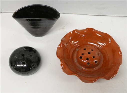 3 Pieces of Seagrove North Carolina Pottery - 4 Fan Vase with Mirror Black Glaze, Flower Frog with Black Mirror Glaze, and Flower Frog Centerpiece Bowl with Orange Glaze 