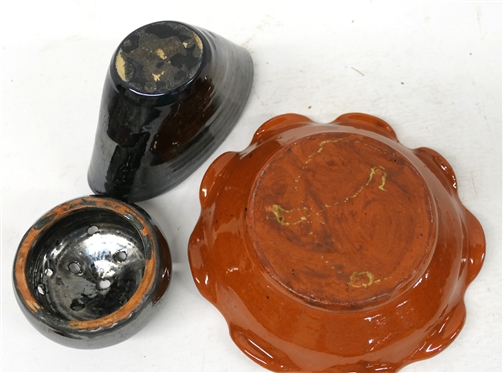 3 Pieces of Seagrove North Carolina Pottery - 4 Fan Vase with Mirror Black Glaze, Flower Frog with Black Mirror Glaze, and Flower Frog Centerpiece Bowl with Orange Glaze 