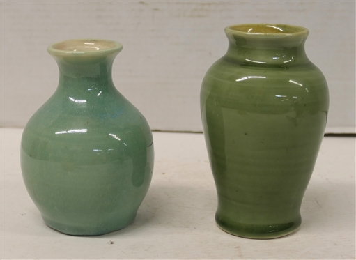 2 Pieces of Signed Pisgah Forrest Art Pottery - Both with Weak Stamps -Dates Illegible -Mint Green Glazed Vase 5 Tall and Other Green Vase 5 1/2 Tall 
