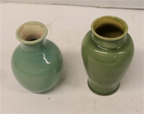 2 Pieces of Signed Pisgah Forrest Art Pottery - Both with Weak Stamps -Dates Illegible -Mint Green Glazed Vase 5 Tall and Other Green Vase 5 1/2 Tall 