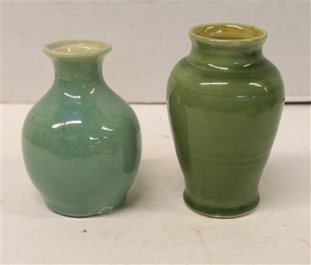 2 Pieces of Signed Pisgah Forrest Art Pottery - Both with Weak Stamps -Dates Illegible -Mint Green Glazed Vase 5 Tall and Other Green Vase 5 1/2 Tall 