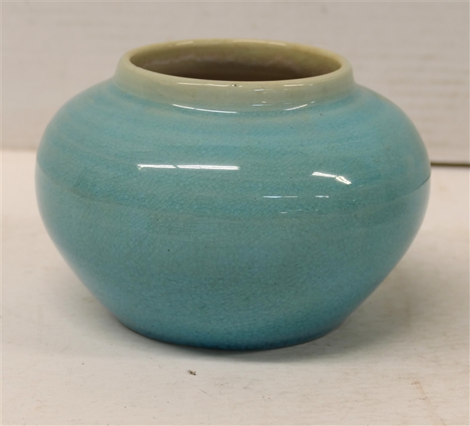 1941 Pisgah Forest Light Blue Crackle Glazed Vase  - Stamped on Bottom - White Glazed Interior - Vase is 4" tall 6" wide