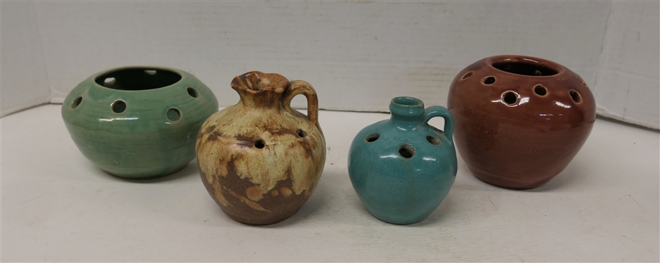 4 Art Pottery Flower Frog Vases -3 1/2 Turquoise, 4 Brown, 3 1/2 Green, and 4 Brown with Makers Stamp on Bottom 