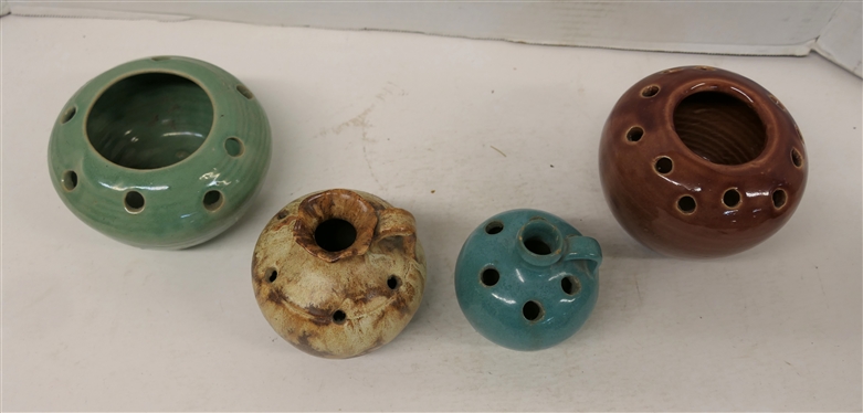 4 Art Pottery Flower Frog Vases -3 1/2 Turquoise, 4 Brown, 3 1/2 Green, and 4 Brown with Makers Stamp on Bottom 