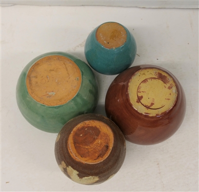4 Art Pottery Flower Frog Vases -3 1/2 Turquoise, 4 Brown, 3 1/2 Green, and 4 Brown with Makers Stamp on Bottom 