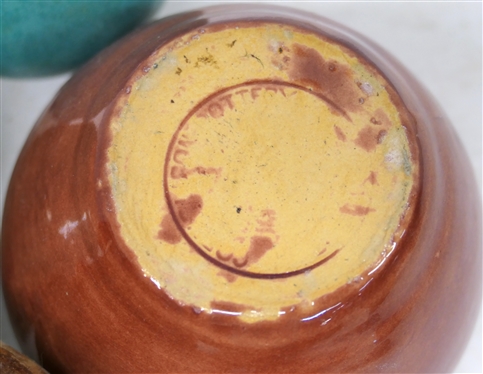 4 Art Pottery Flower Frog Vases -3 1/2 Turquoise, 4 Brown, 3 1/2 Green, and 4 Brown with Makers Stamp on Bottom 