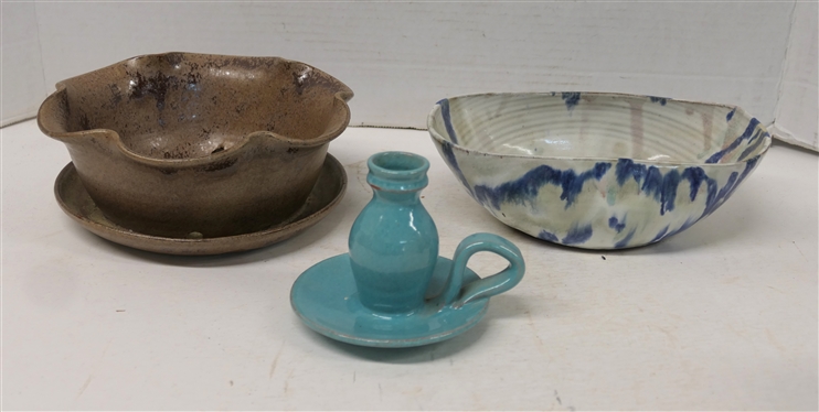 3 Pieces of Cole Sanford, NC Pottery - 3 1/2 Turquoise Jug Candle Stick - A.R. Cole, 8 1/2 Blue and White Bowl - A.R. Cole, and 2010 Cole Planter with Ruffled Edge by Kenneth George Cole