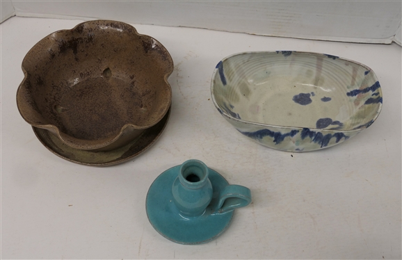 3 Pieces of Cole Sanford, NC Pottery - 3 1/2 Turquoise Jug Candle Stick - A.R. Cole, 8 1/2 Blue and White Bowl - A.R. Cole, and 2010 Cole Planter with Ruffled Edge by Kenneth George Cole