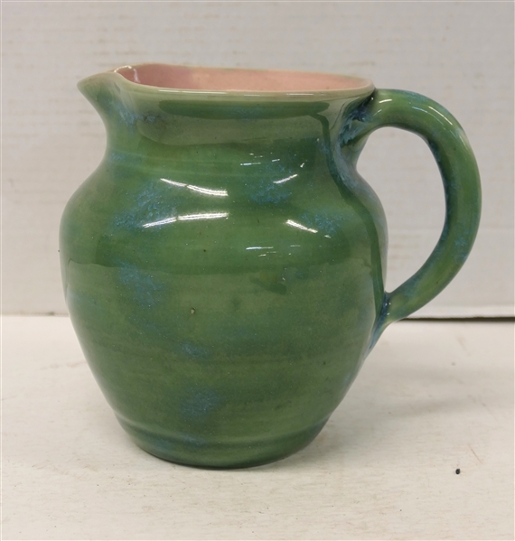1940s Pisgah Forest Gloss Green / Blue Variegated Pitcher with Pink Glazed Interior - Stamped on Bottom - Pitcher is 6" Tall 