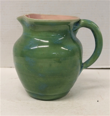 1940''s Pisgah Forest Gloss Green / Blue Variegated Pitcher with Pink Glazed Interior - Stamped on Bottom - Pitcher is 6 Tall 