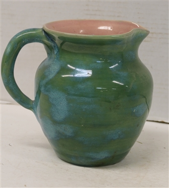 1940''s Pisgah Forest Gloss Green / Blue Variegated Pitcher with Pink Glazed Interior - Stamped on Bottom - Pitcher is 6 Tall 