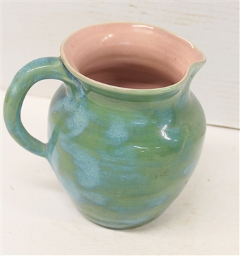 1940''s Pisgah Forest Gloss Green / Blue Variegated Pitcher with Pink Glazed Interior - Stamped on Bottom - Pitcher is 6 Tall 