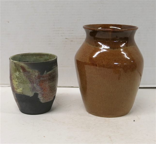 2 Pieces of Hathaway Studio Art Pottery - Brown Glazed 7" Vase and Brown and Copper Glazed Small Vessel 4 1/2" Tall - Both Signed on Bottom