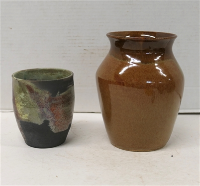 2 Pieces of Hathaway Studio Art Pottery - Brown Glazed 7 Vase and Brown and Copper Glazed Small Vessel 4 1/2 Tall - Both Signed on Bottom