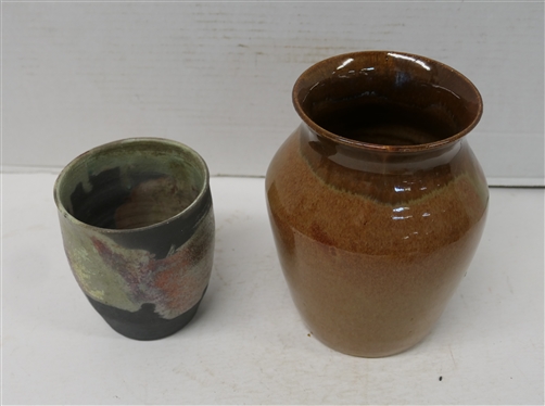 2 Pieces of Hathaway Studio Art Pottery - Brown Glazed 7 Vase and Brown and Copper Glazed Small Vessel 4 1/2 Tall - Both Signed on Bottom
