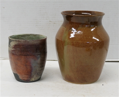2 Pieces of Hathaway Studio Art Pottery - Brown Glazed 7 Vase and Brown and Copper Glazed Small Vessel 4 1/2 Tall - Both Signed on Bottom