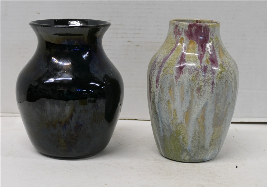 2 North Carolina Pottery Vases - Black Glazed 7" Holly Hill Vase and Gray, Wine, and Green Glazed 7" Vase - Signature is Obscured by Glaze 