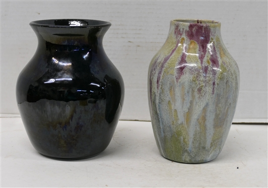 2 North Carolina Pottery Vases - Black Glazed 7 Holly Hill Vase and Gray, Wine, and Green Glazed 7 Vase - Signature is Obscured by Glaze 