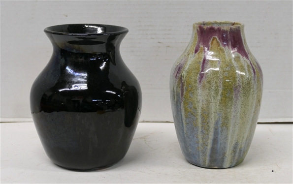 2 North Carolina Pottery Vases - Black Glazed 7 Holly Hill Vase and Gray, Wine, and Green Glazed 7 Vase - Signature is Obscured by Glaze 