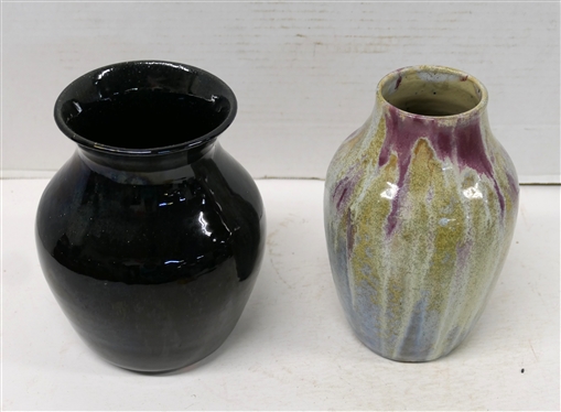 2 North Carolina Pottery Vases - Black Glazed 7 Holly Hill Vase and Gray, Wine, and Green Glazed 7 Vase - Signature is Obscured by Glaze 