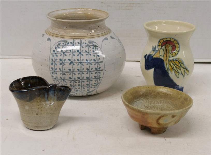 4 Pieces of Art Pottery - 5" Angel Vase (Artist Signed), Blue Decorated Vase 6" tall, Bolick Pinched Vessel, and Modern Footed 4" Bowl 